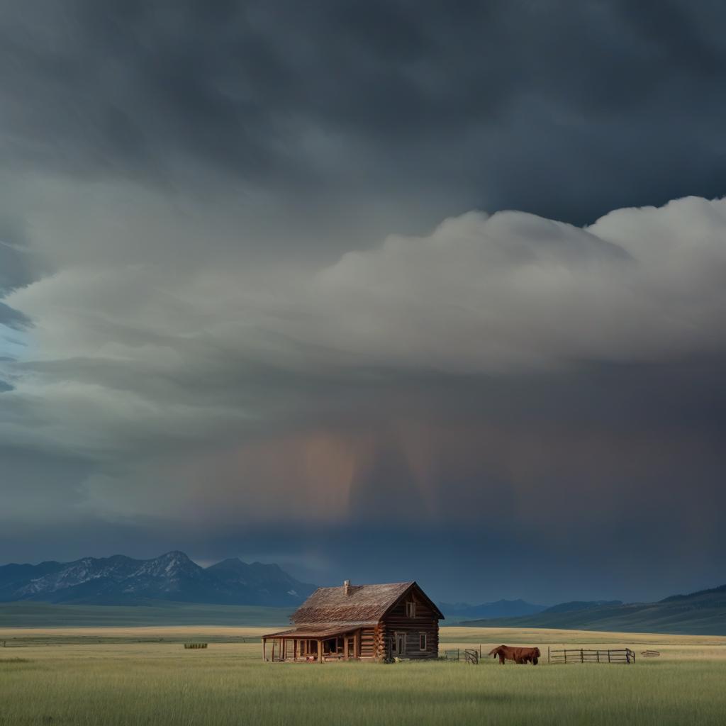 The Montana landscape now exudes an eerie aura; the rustic ranch house stands ominously in the moonlit grasslands, with a foreboding shadow cast from the majestic mountains and scudding, stormy clouds darken the formerly clear sky