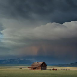 The Montana landscape now exudes an eerie aura; the rustic ranch house stands ominously in the moonlit grasslands, with a foreboding shadow cast from the majestic mountains and scudding, stormy clouds darken the formerly clear sky