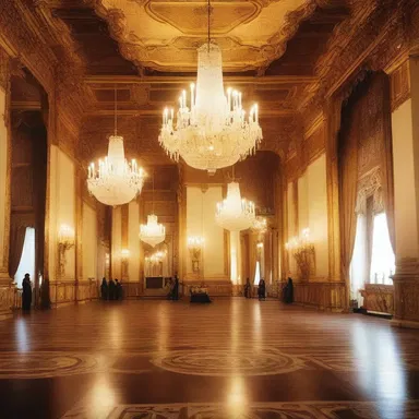 The ballroom of the grand palace featured intricate chandeliers and high ceilings, creating a perfect atmosphere for the minuet to be performed by the elegant guests.