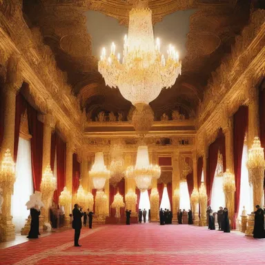 The ballroom of the grand palace featured intricate chandeliers and high ceilings, creating a perfect atmosphere for the minuet to be performed by the elegant guests.