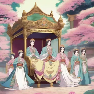 In the anime series, the princess was carried to her coronation in a beautifully adorned palanquin, accompanied by her loyal attendants.