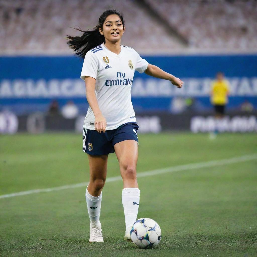 Indian actress Rashmika Mandanna in Real Madrid's football kit, showing off her soccer skills on the field at Santiago Bernabeu stadium.