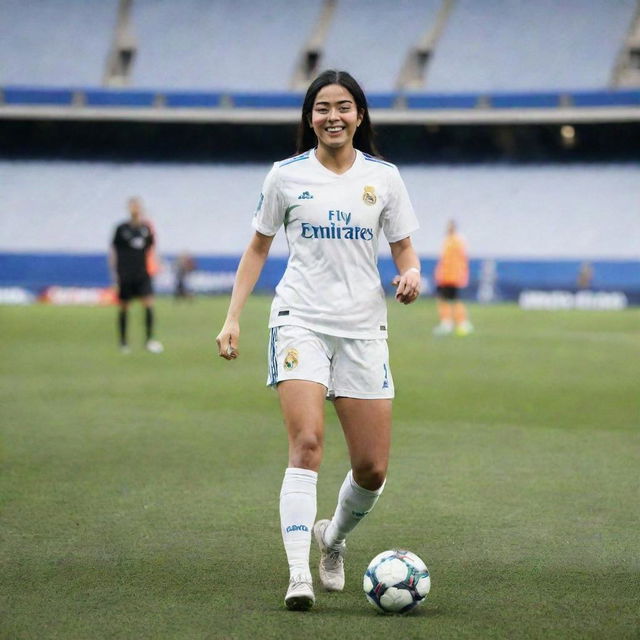 Indian actress Rashmika Mandanna in Real Madrid's football kit, showing off her soccer skills on the field at Santiago Bernabeu stadium.