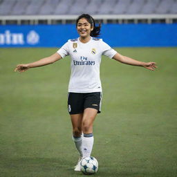 Indian actress Rashmika Mandanna in Real Madrid's football kit, showing off her soccer skills on the field at Santiago Bernabeu stadium.