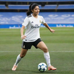 Indian actress Rashmika Mandanna in Real Madrid's football kit, showing off her soccer skills on the field at Santiago Bernabeu stadium.