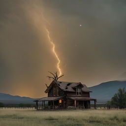 The ominous Montana landscape intensified with spine-chilling details: the ranch house stands deserted with broken windows, eerie lights flickering, a gnarled dead tree silhouette against the full moon, and the storm in the mountains raging ominously