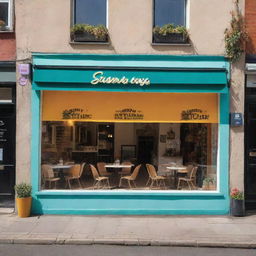 An attractive advertisement poster for a shop named 'Sunny Studio and Cafe', including a vibrant cafe scene with a modern studio vibe in the background