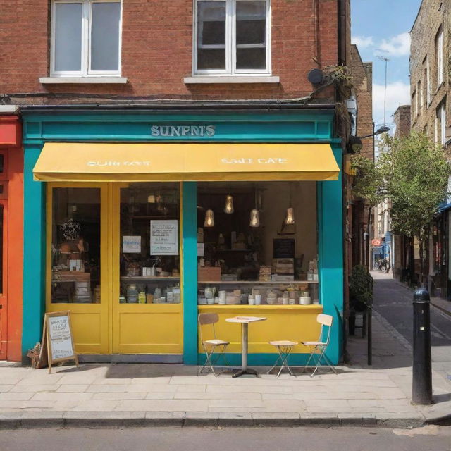 An attractive advertisement poster for a shop named 'Sunny Studio and Cafe', including a vibrant cafe scene with a modern studio vibe in the background