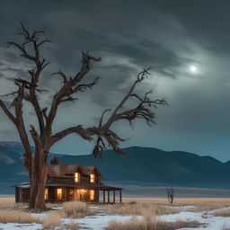 The ominous Montana landscape intensified with spine-chilling details: the ranch house stands deserted with broken windows, eerie lights flickering, a gnarled dead tree silhouette against the full moon, and the storm in the mountains raging ominously