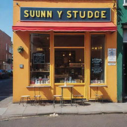 An attractive advertisement poster for a shop named 'Sunny Studio and Cafe', including a vibrant cafe scene with a modern studio vibe in the background