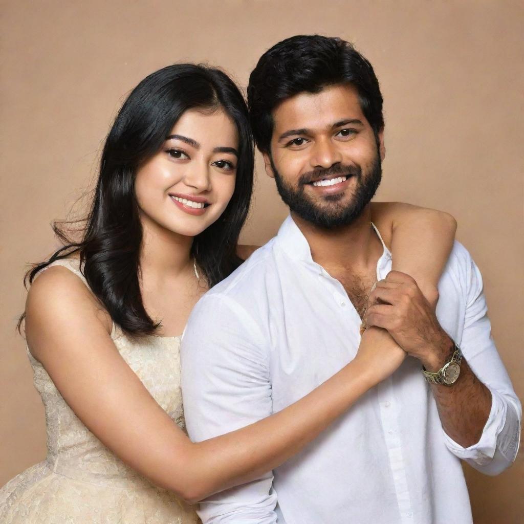 Famous Indian film stars Rashmika Mandanna and Vijay Devarakonda standing together in an amicable pose.