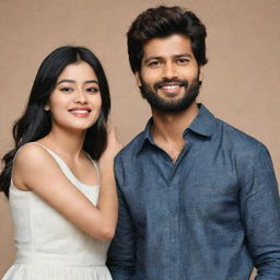 Famous Indian film stars Rashmika Mandanna and Vijay Devarakonda standing together in an amicable pose.