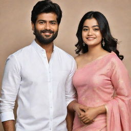 Famous Indian film stars Rashmika Mandanna and Vijay Devarakonda standing together in an amicable pose.