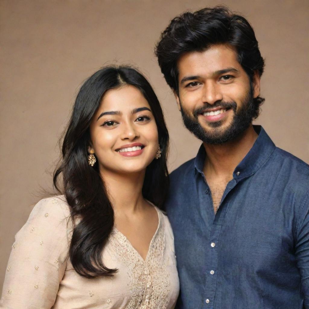 Famous Indian film stars Rashmika Mandanna and Vijay Devarakonda standing together in an amicable pose.