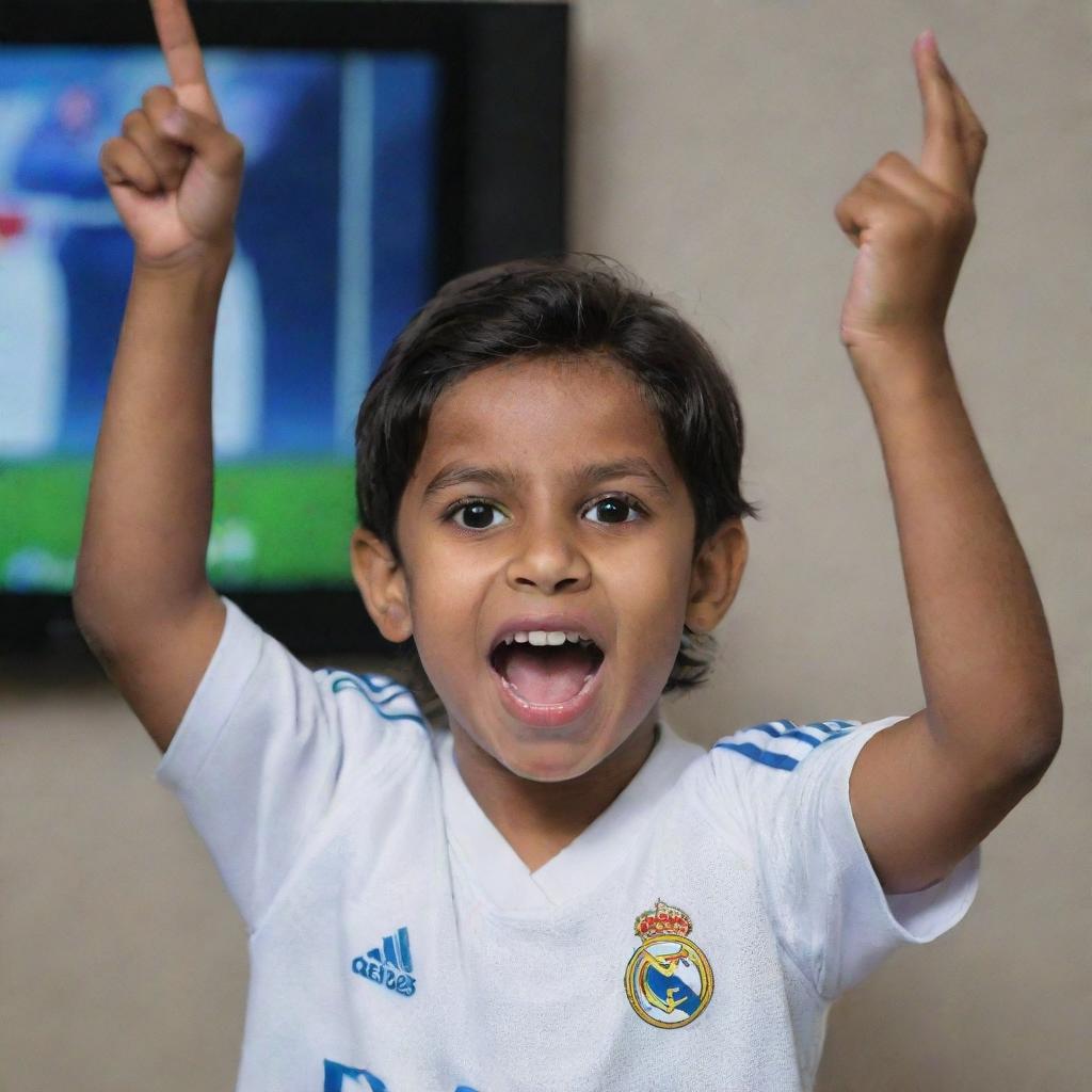 A young, enthusiastic Indian Real Madrid fan, sporting the team's jersey, cheering in front of a TV broadcasting a live match.