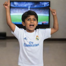 A young, enthusiastic Indian Real Madrid fan, sporting the team's jersey, cheering in front of a TV broadcasting a live match.