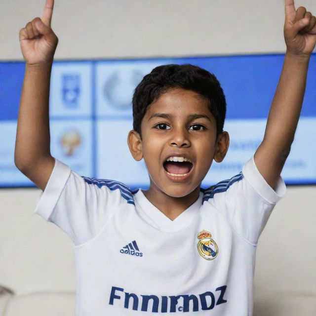 A young, enthusiastic Indian Real Madrid fan, sporting the team's jersey, cheering in front of a TV broadcasting a live match.