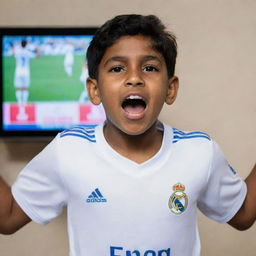 A young, enthusiastic Indian Real Madrid fan, sporting the team's jersey, cheering in front of a TV broadcasting a live match.