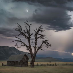 The ominous Montana landscape intensified with spine-chilling details: the ranch house stands deserted with broken windows, eerie lights flickering, a gnarled dead tree silhouette against the full moon, and the storm in the mountains raging ominously