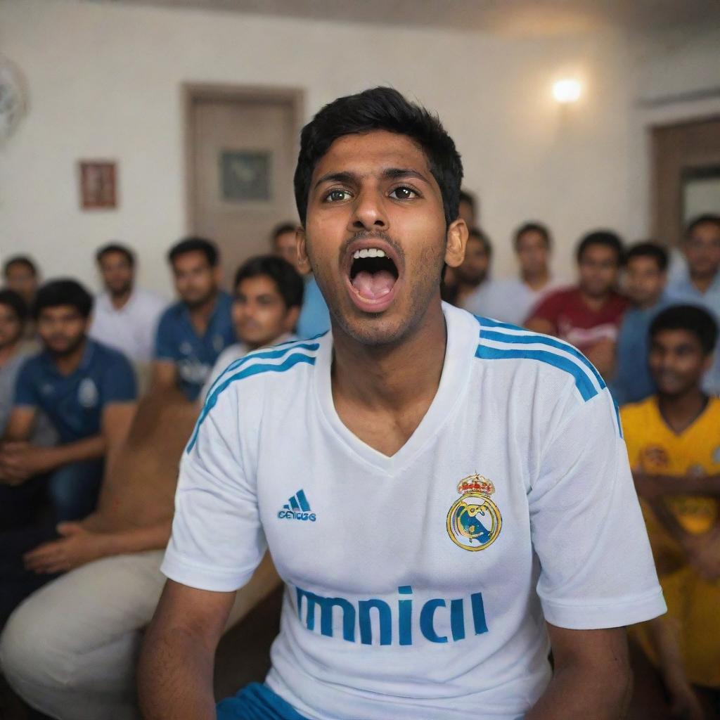 A youthfully ecstatic Indian fan, decked in a Real Madrid jersey, engrossed in watching a live match amid a vibrant home setting.