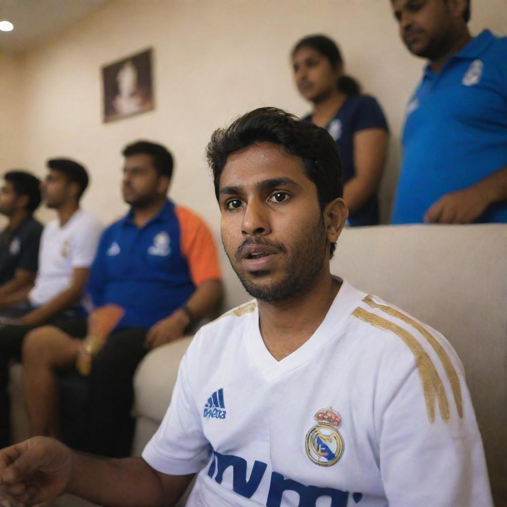 A youthfully ecstatic Indian fan, decked in a Real Madrid jersey, engrossed in watching a live match amid a vibrant home setting.