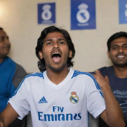 A youthfully ecstatic Indian fan, decked in a Real Madrid jersey, engrossed in watching a live match amid a vibrant home setting.