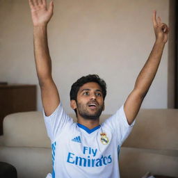 A youthfully ecstatic Indian fan, decked in a Real Madrid jersey, engrossed in watching a live match amid a vibrant home setting.