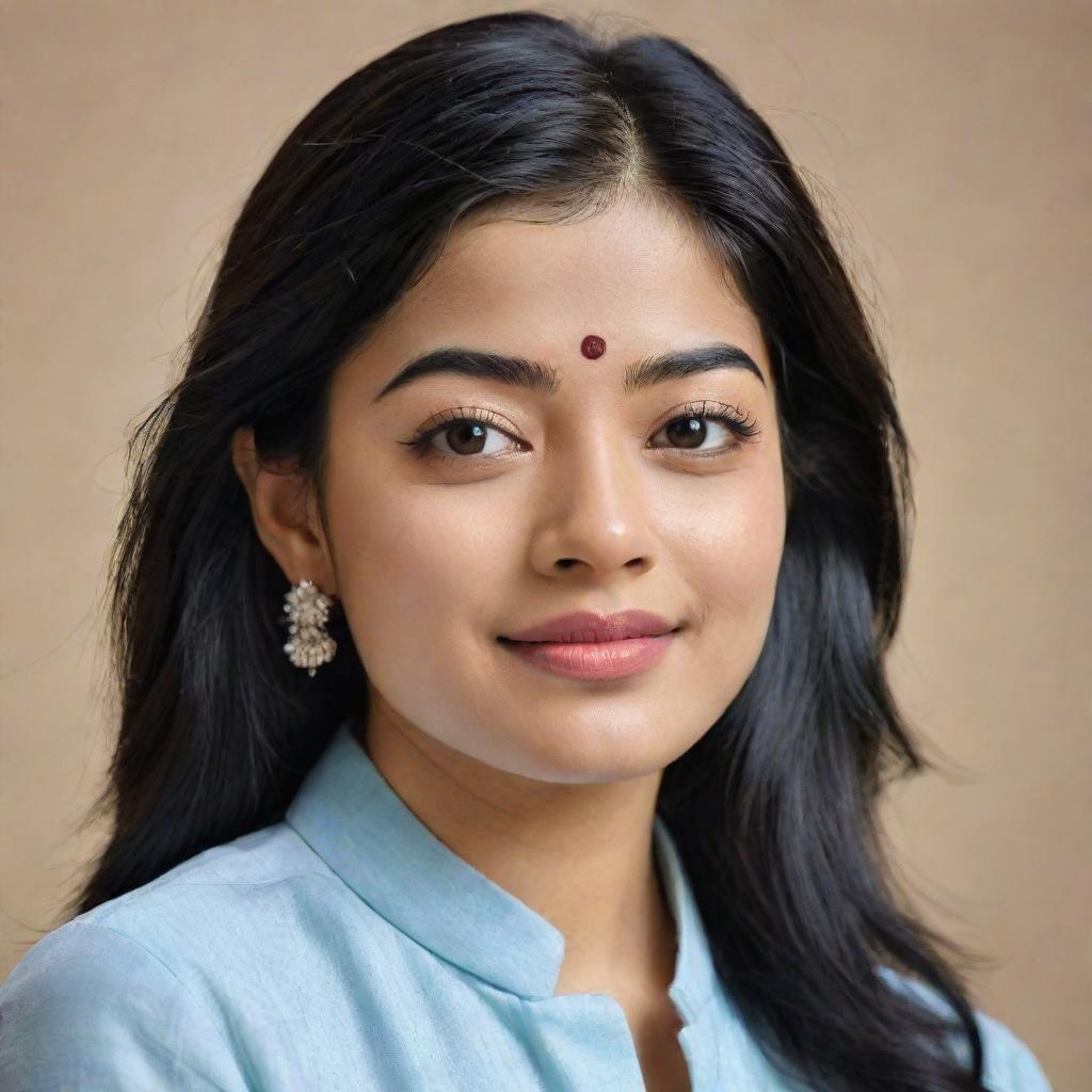 Generate a detailed and flattering portrait of actress Rashmika Mandanna.