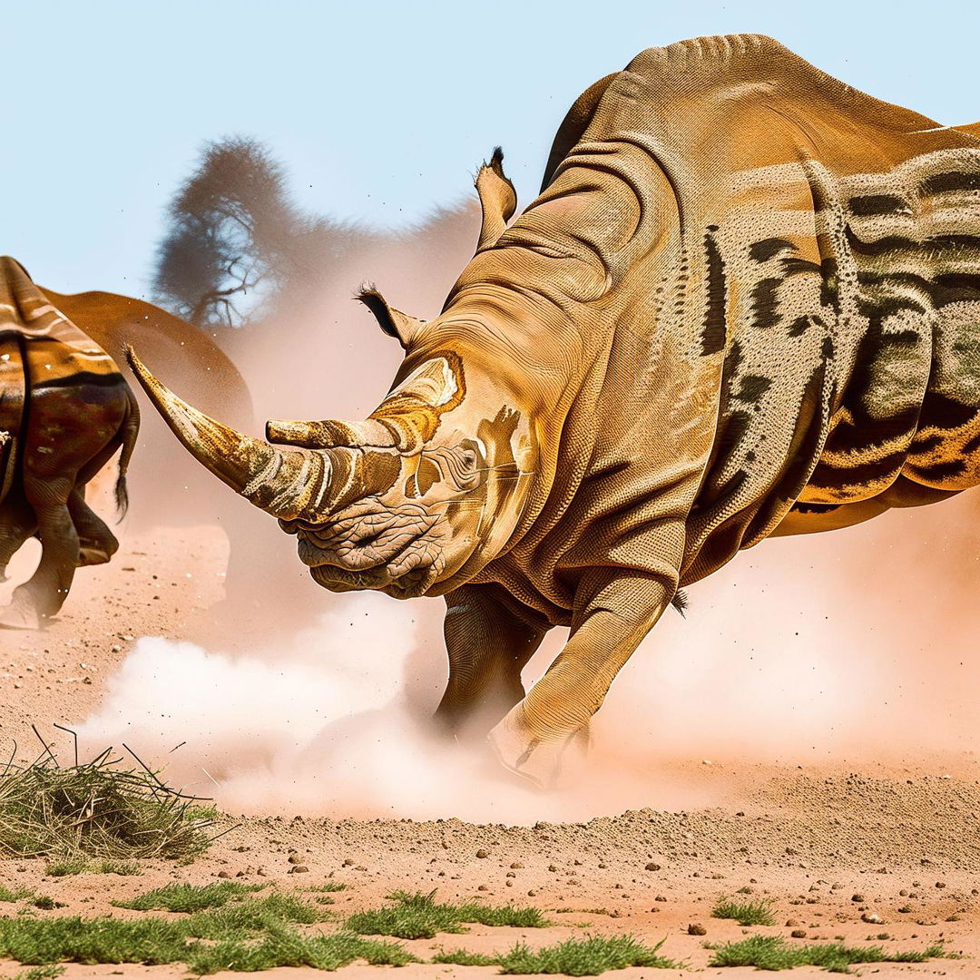 A majestic rhinoceros in full charge, dust flying beneath its heavy feet, with a grassland backdrop.