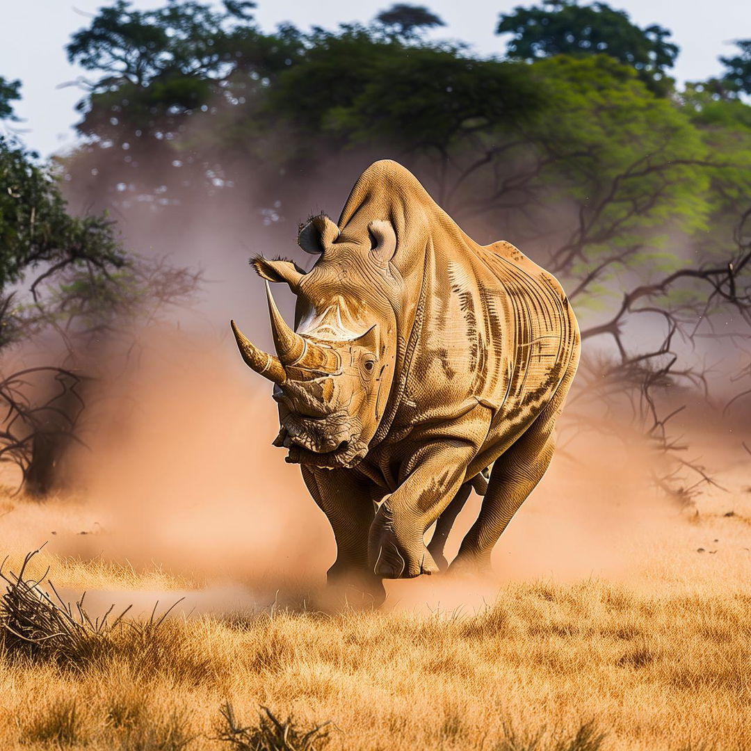 A majestic rhinoceros in full charge, dust flying beneath its heavy feet, with a grassland backdrop.