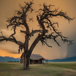 The ominous Montana landscape intensified with spine-chilling details: the ranch house stands deserted with broken windows, eerie lights flickering, a gnarled dead tree silhouette against the full moon, and the storm in the mountains raging ominously