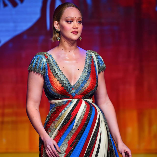 Jennifer Lawrence elegantly adorned in a colorful Indian saree with intricate patterns