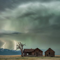 An intensely terrifying Montana landscape; the deserted ranch house now appears haunted, windows emitting an uncanny glow, the dead tree casting eerie shadows, howling winds agitating the deserted grasslands, while the storm over the mountains brews a spectral nightmare