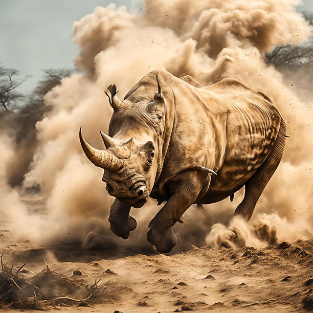 A powerful and majestic rhinoceros charging forward in its natural savannah environment, dust swirling around its massive hooves.