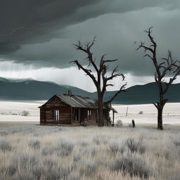 An intensely terrifying Montana landscape; the deserted ranch house now appears haunted, windows emitting an uncanny glow, the dead tree casting eerie shadows, howling winds agitating the deserted grasslands, while the storm over the mountains brews a spectral nightmare