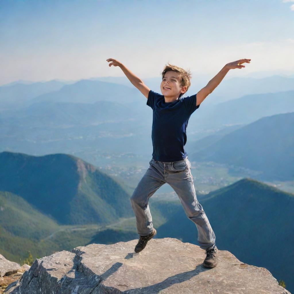 A joyful boy energetically dancing on the peak of a majestic mountain, with panoramic views of the surrounding landscape under a clear sky.