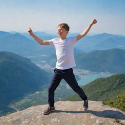 A joyful boy energetically dancing on the peak of a majestic mountain, with panoramic views of the surrounding landscape under a clear sky.