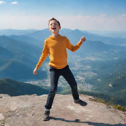 A joyful boy energetically dancing on the peak of a majestic mountain, with panoramic views of the surrounding landscape under a clear sky.