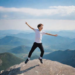 A joyful boy energetically dancing on the peak of a majestic mountain, with panoramic views of the surrounding landscape under a clear sky.