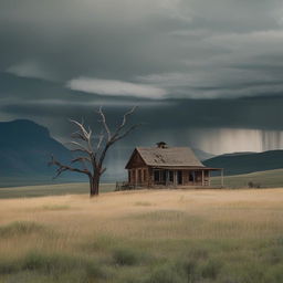 An intensely terrifying Montana landscape; the deserted ranch house now appears haunted, windows emitting an uncanny glow, the dead tree casting eerie shadows, howling winds agitating the deserted grasslands, while the storm over the mountains brews a spectral nightmare