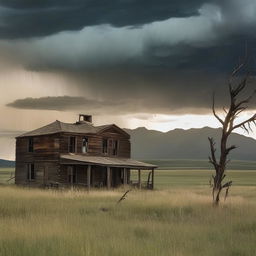 An intensely terrifying Montana landscape; the deserted ranch house now appears haunted, windows emitting an uncanny glow, the dead tree casting eerie shadows, howling winds agitating the deserted grasslands, while the storm over the mountains brews a spectral nightmare