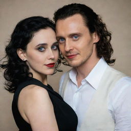 Loki, with medium length blonde curly hair and blue eyes, wearing a black vest over a white collared shirt, has his arm around an Iranian girl with short black hair, black eyes, black makeup, and red lipstick. She is wearing a white long evening dress.