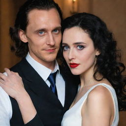 Loki, with medium length blonde curly hair and blue eyes, wearing a black vest over a white collared shirt, has his arm around an Iranian girl with short black hair, black eyes, black makeup, and red lipstick. She is wearing a white long evening dress.