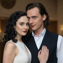 Loki, with medium length blonde curly hair and blue eyes, wearing a black vest over a white collared shirt, has his arm around an Iranian girl with short black hair, black eyes, black makeup, and red lipstick. She is wearing a white long evening dress.