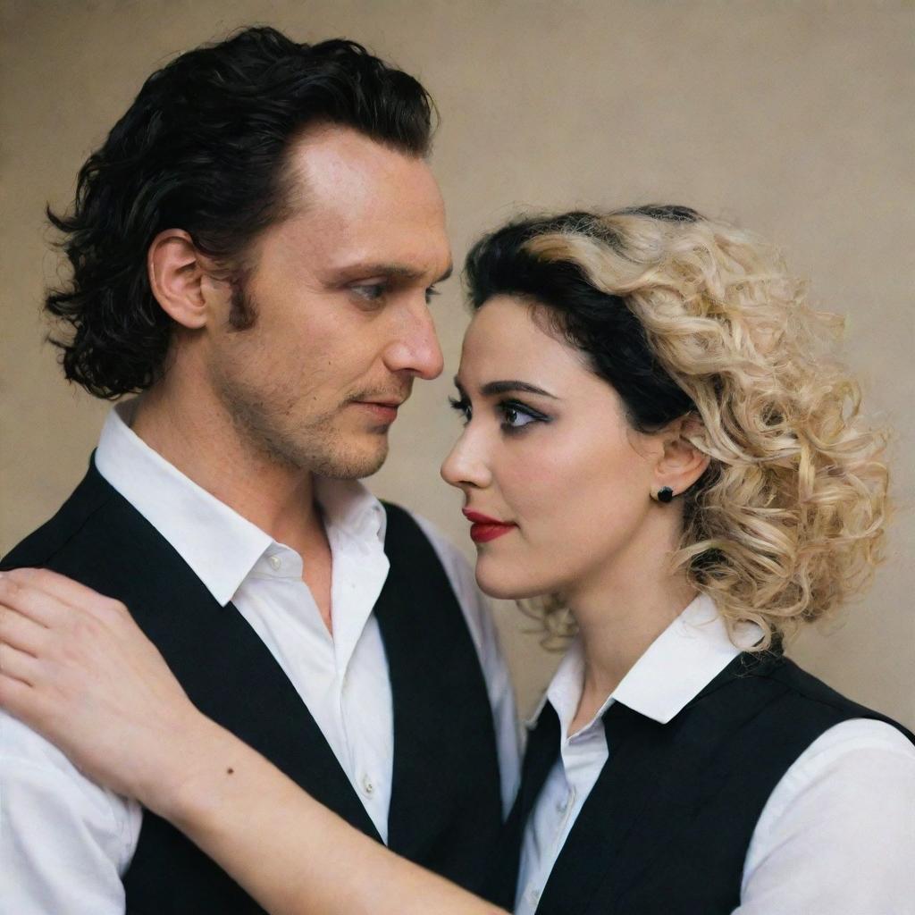 Loki, with medium length blonde curly hair and blue eyes, wearing a black vest over a white collared shirt, has his arm around an Iranian girl with short black hair, black eyes, black makeup, and red lipstick. She is wearing a white long evening dress.