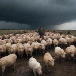 A dynamic scene from George Orwell's 'Animal Farm': the first rebellion of the animals, featuring a crowd of various farm animals, with a mood of determination and uprising, under a dramatic stormy sky.