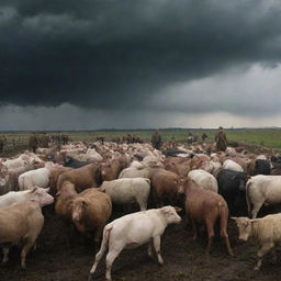 A dynamic scene from George Orwell's 'Animal Farm': the first rebellion of the animals, featuring a crowd of various farm animals, with a mood of determination and uprising, under a dramatic stormy sky.