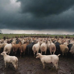 A dynamic scene from George Orwell's 'Animal Farm': the first rebellion of the animals, featuring a crowd of various farm animals, with a mood of determination and uprising, under a dramatic stormy sky.