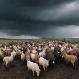 A dynamic scene from George Orwell's 'Animal Farm': the first rebellion of the animals, featuring a crowd of various farm animals, with a mood of determination and uprising, under a dramatic stormy sky.