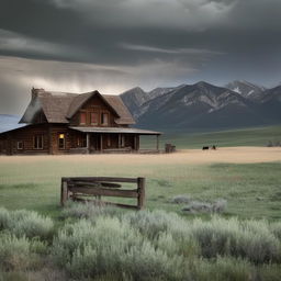 A dreadfully horrifying Montana landscape; the haunted ranch house now surrounded by ghostly figures, phantom lights flickering in windows, the desolate tree rustling with unseen forces, the storm carries chilling howls and the mountains hide terrifying creatures